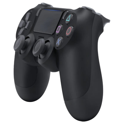 Black Sony DualShock 4 wireless controller for PlayStation 4 featuring touchpad, light bar, analog sticks, and ergonomic design