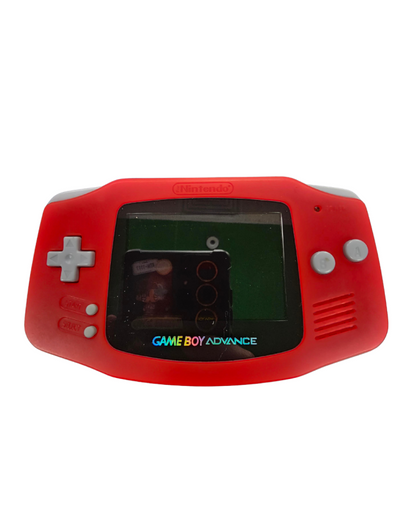Nintendo Game Boy Advance GBA handheld gaming system with red replacement shell and IPS backlit display featuring bright adjustable screen portable gaming compatibility with Game Boy Advance Game Boy Color and original Game Boy games responsive controls rechargeable style upgraded retro gaming hardware good condition collectible gaming appeal front console off