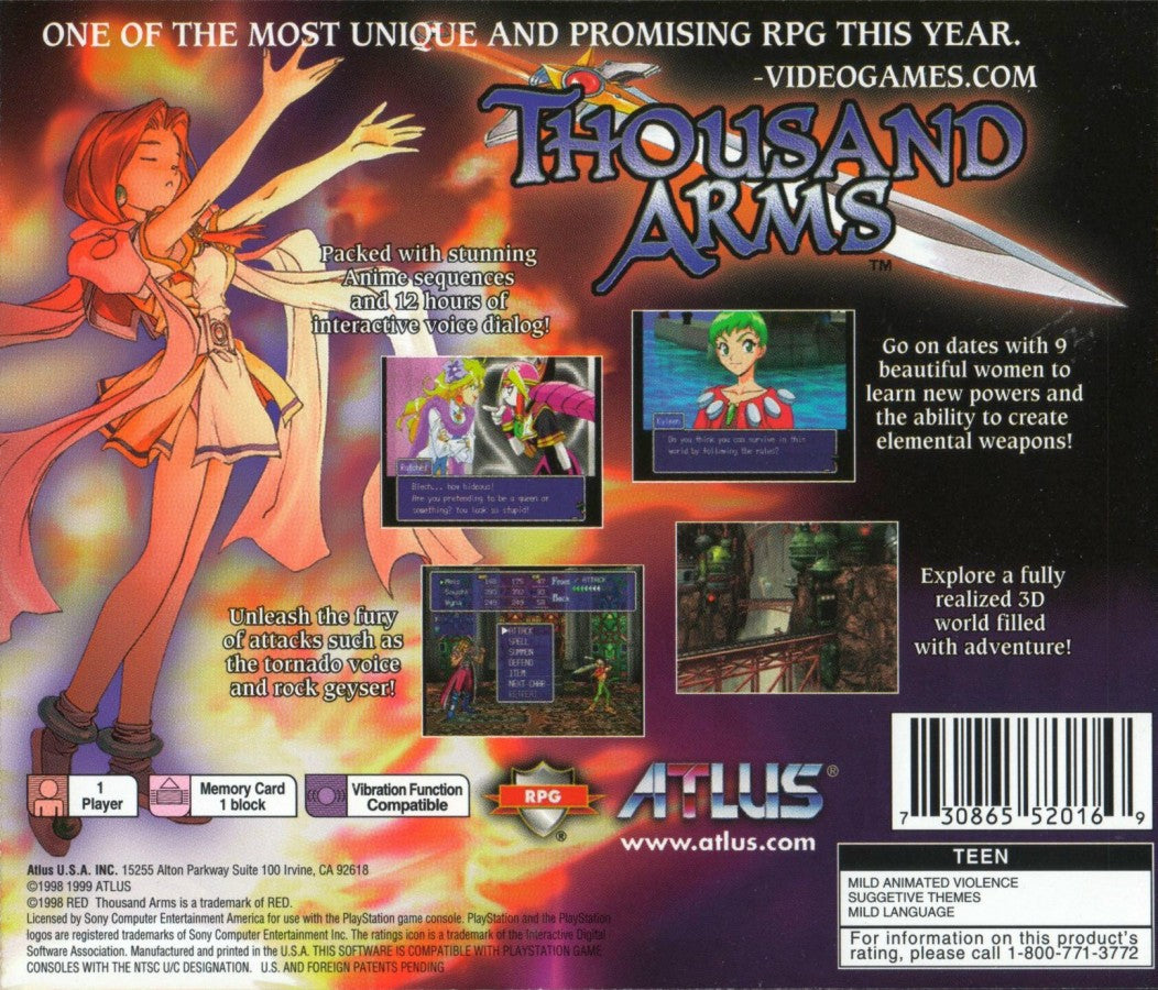 Thousand Arms PlayStation 1 PS1 turn-based RPG dating sim hybrid cel shaded anime style weapon forging system romance routes multiple endings back cover art