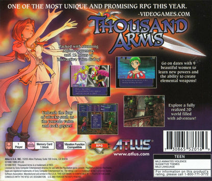 Thousand Arms PlayStation 1 PS1 turn-based RPG dating sim hybrid cel shaded anime style weapon forging system romance routes multiple endings back cover art