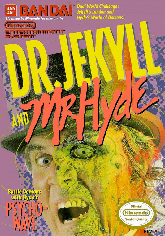 Dr Jekyll and Mr Hyde Complete in Box CIB Nintendo Entertainment System NES for retro video game enthusiasts featuring action adventure gameplay dual character mechanics Victorian era setting side scrolling challenges classic horror inspired adventure complete in box collectible gaming appeal front cover