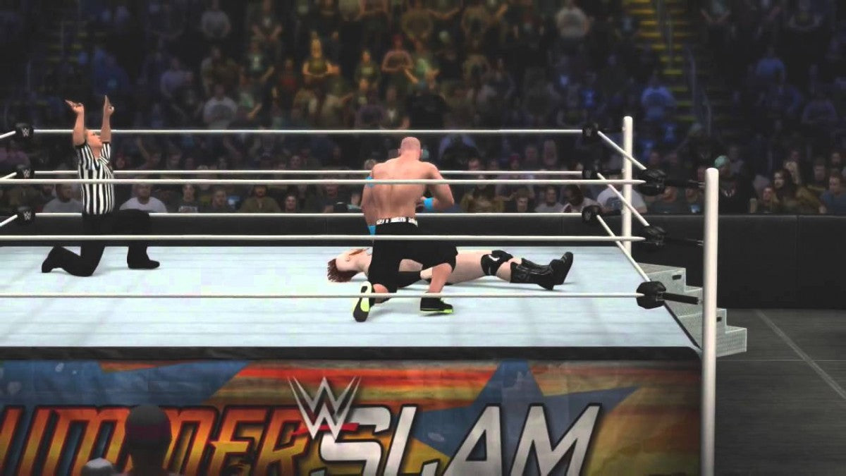 WWE 2K16 Xbox One video game, professional wrestling sports simulation, WWE superstars and legends, career and showcase modes, console title gameplay screenshot