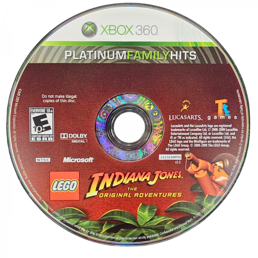 LEGO Indiana Jones The Original Adventures Platinum Family Hits Xbox 360 video game featuring action adventure gameplay based on Indiana Jones classic movie scenes LEGO characters exploration puzzle solving combat challenges collectible treasures and cooperative gameplay Xbox 360 retro video game collection collectible gaming appeal game disc