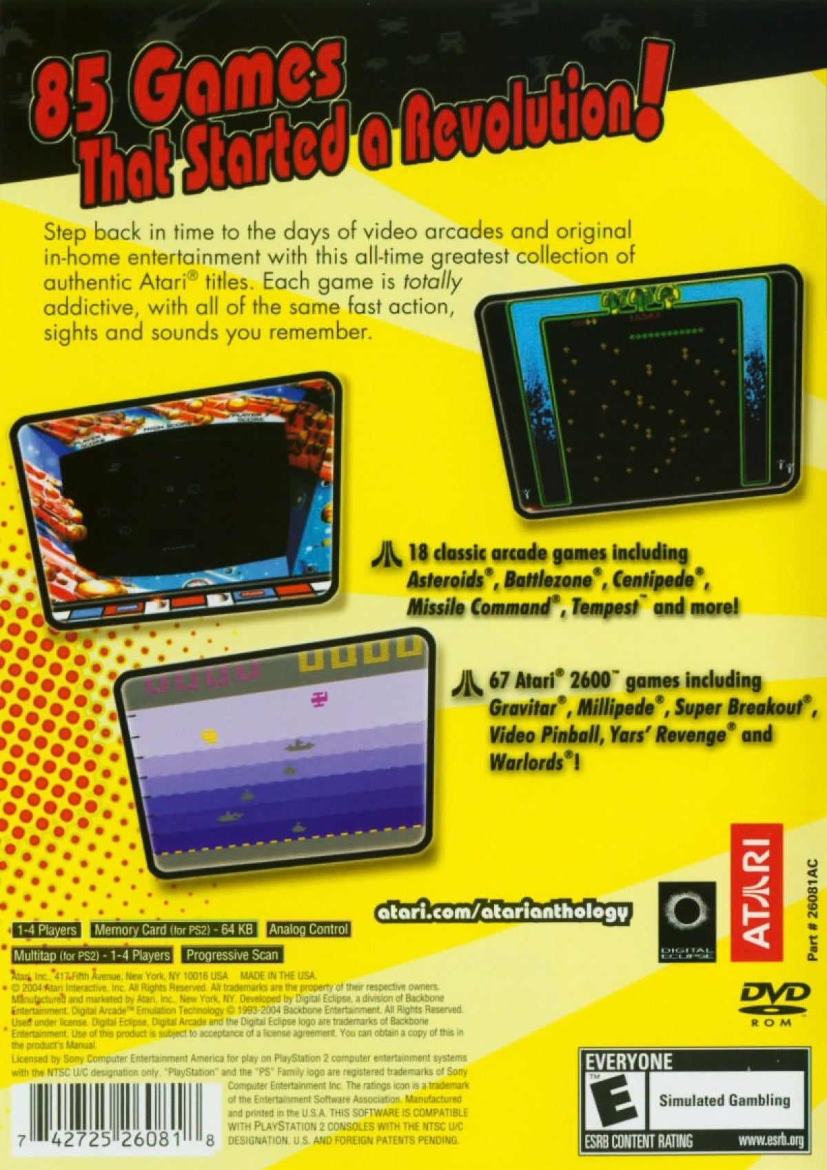 Atari Anthology PlayStation 2 PS2 video game, classic arcade and console game compilation, retro Atari titles collection, console title back cover