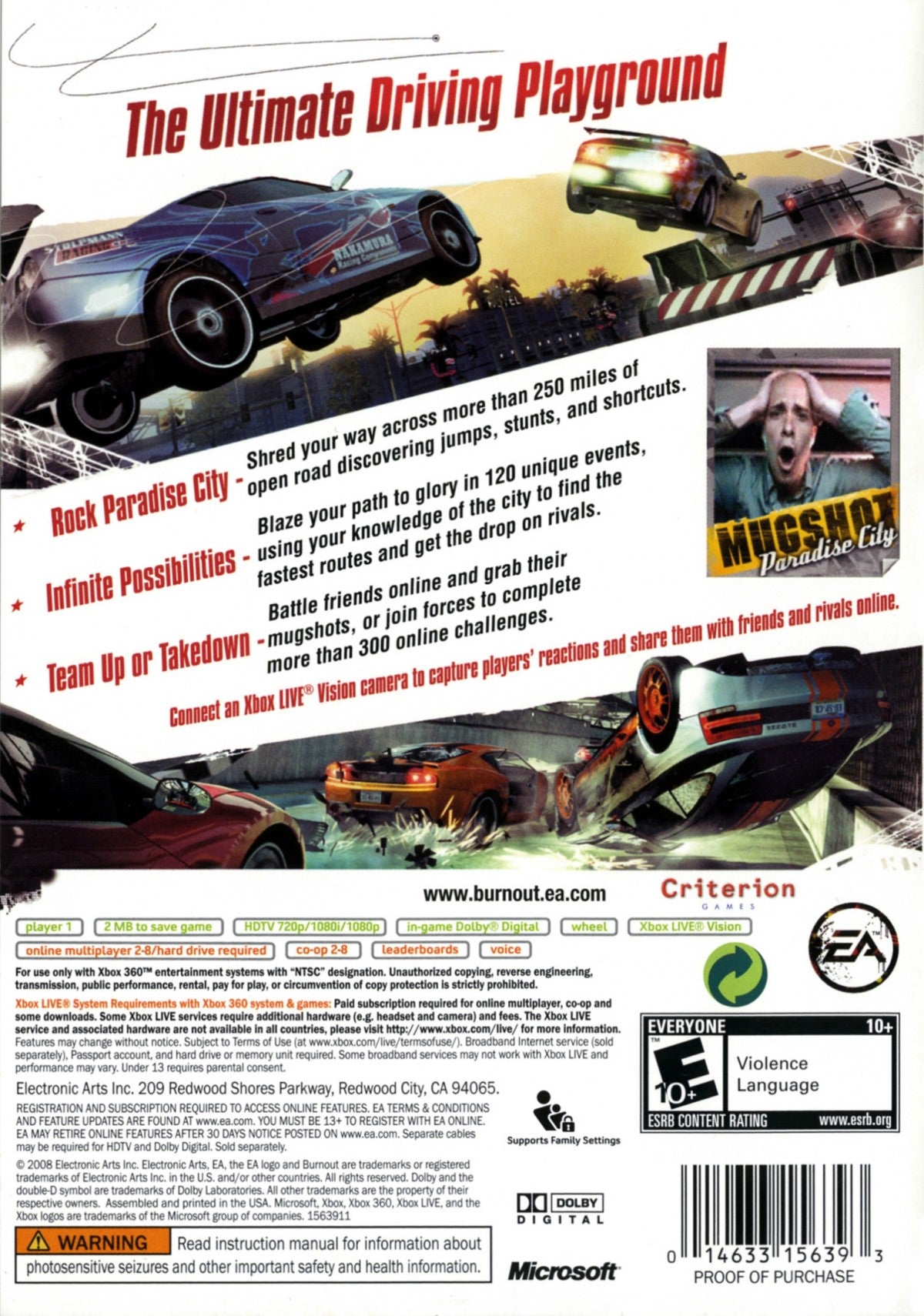 Burnout Paradise Xbox 360 video game featuring open world arcade racing gameplay high speed crashes online multiplayer modes Paradise City exploration and Criterion Games high intensity driving action back cover