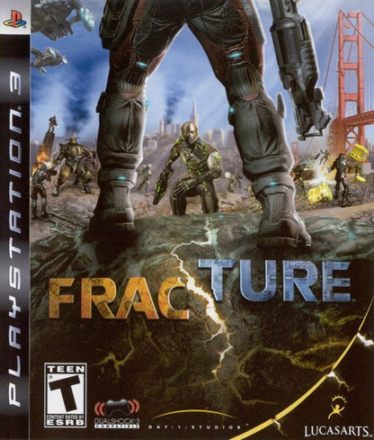 Fracture PlayStation 3 PS3 retro video game third person shooter featuring futuristic combat terrain deformation mechanics explosive weapons challenging missions sci fi action gameplay strategic environmental destruction PlayStation 3 gaming experience collectible game collection appeal cover art 