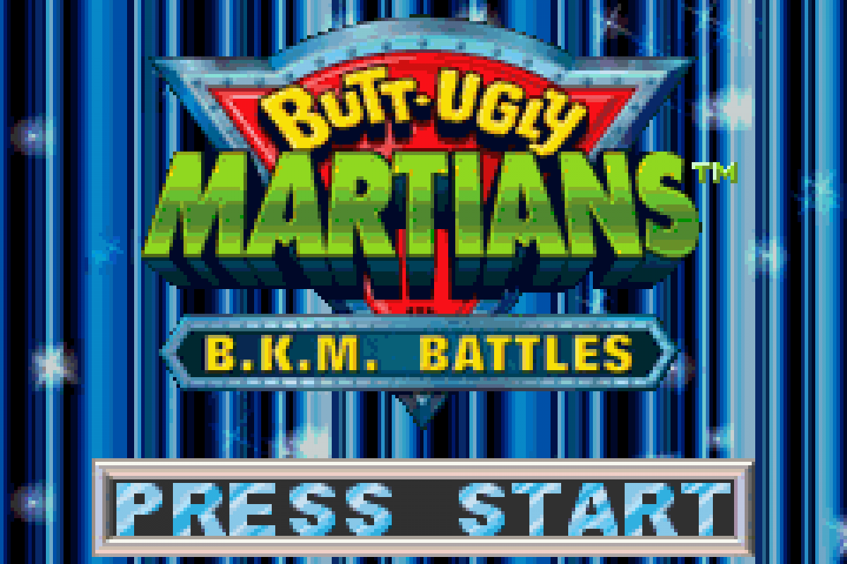 Butt-Ugly Martians: BKM Battles Nintendo Game Boy Advance GBA for action strategy retro video game fans featuring alien battles tactical combat cartoon inspired characters futuristic sci fi missions team based gameplay classic handheld gaming collectible gaming appeal title screen