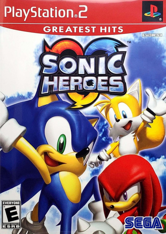Sonic Heroes [Greatest Hits] for PlayStation 2 (PS2) at Gamers INC, featuring the high-speed team-based evolution of the Sonic franchise where you control three characters at once—Speed, Power, and Flight types—to navigate massive environments and defeat Dr. Eggman; this Greatest Hits edition brings the multi-perspective journey of four unique teams to the PS2, offering refined platforming action and cooperative mechanics that redefined the Blue Blur’s 3D era front cover