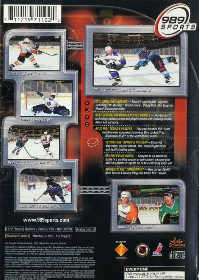NHL FaceOff 2001 – PlayStation 2 (PS2) video game back of case, ice hockey sports simulation game.