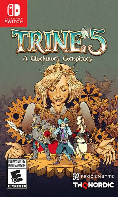 Trine 5 A Clockwork Conspiracy Nintendo Switch inspired design featuring fantasy puzzle platform adventure aesthetic magical heroes cooperative gameplay intricate clockwork contraptions physics based challenges enchanting storybook worlds and colorful action exploration presentation front cover 
