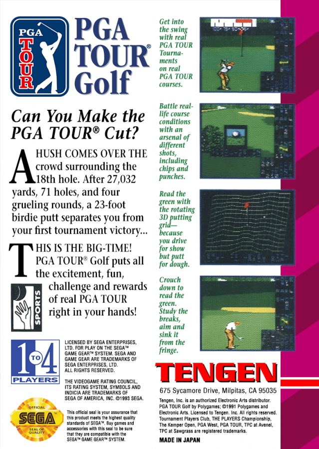 PGA Tour Golf back cover art for Sega Game Gear cover art for golf video game. 