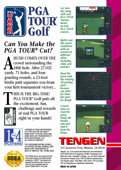 PGA Tour Golf back cover art for Sega Game Gear cover art for golf video game. 