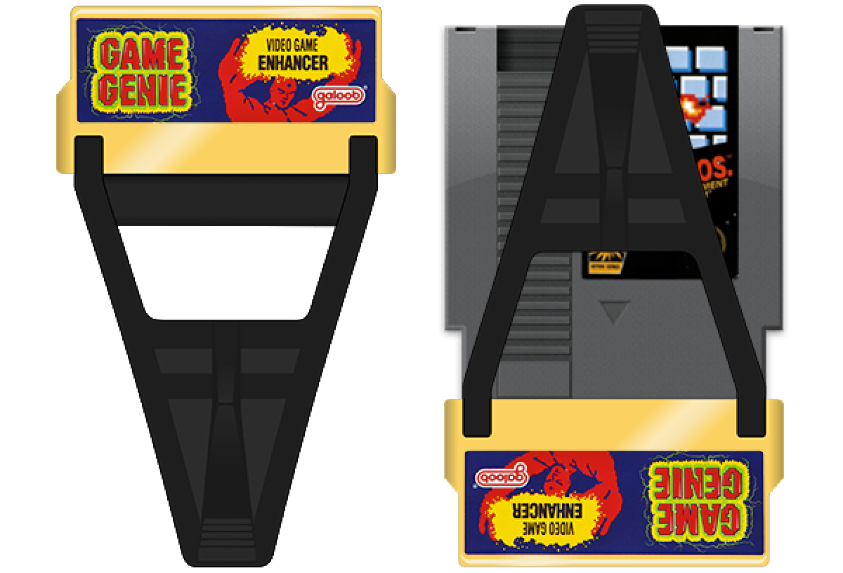 Game Genie for Nintendo Entertainment System (NES) at Gamers INC, featuring the legendary cheat-code breakthrough that unlocked a new dimension of gaming by allowing players to enter alphanumeric codes to bypass difficult levels, gain infinite lives, or discover hidden game features; this essential accessory includes the classic gold cartridge design and provides the ultimate power-up for your entire NES library, from Super Mario Bros. to The Legend of Zelda usage diagram