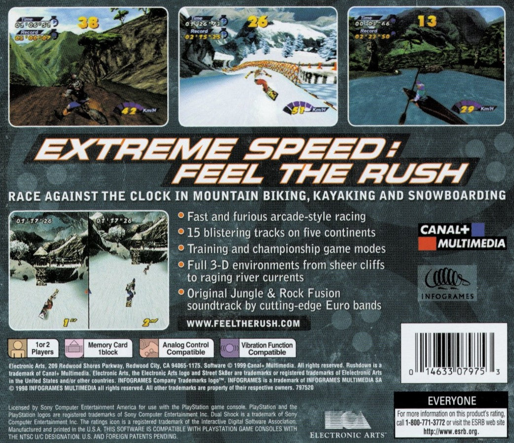 Rush Down retro arcade racing action game for PlayStation 1 (PS1) back of case