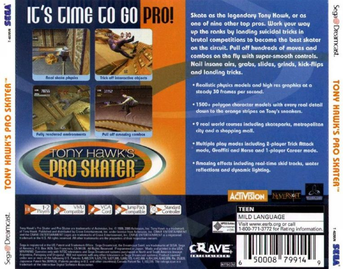 Tony Hawk's Pro Skater back cover art for Sega Dreamcast (DC) video game