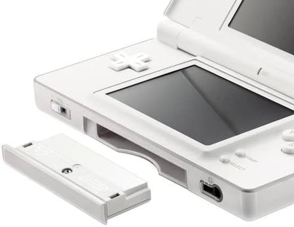 White Nintendo DS Lite console handheld gaming system featuring dual screens touch screen controls built in microphone wireless multiplayer compact foldable design backward compatibility with Game Boy Advance GBA games iconic Nintendo hardware portable gaming collectible gaming appeal