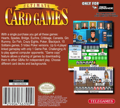 Ultimate Card Games for Game Boy Advance, back of case for a card game collection video game with classic card games, multiplayer gameplay, strategy challenges, and casual tabletop-style fun