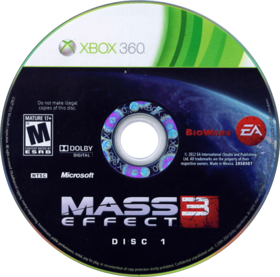 Mass Effect 3 disc for Xbox 360 (X360) sci-fi action role-playing video game