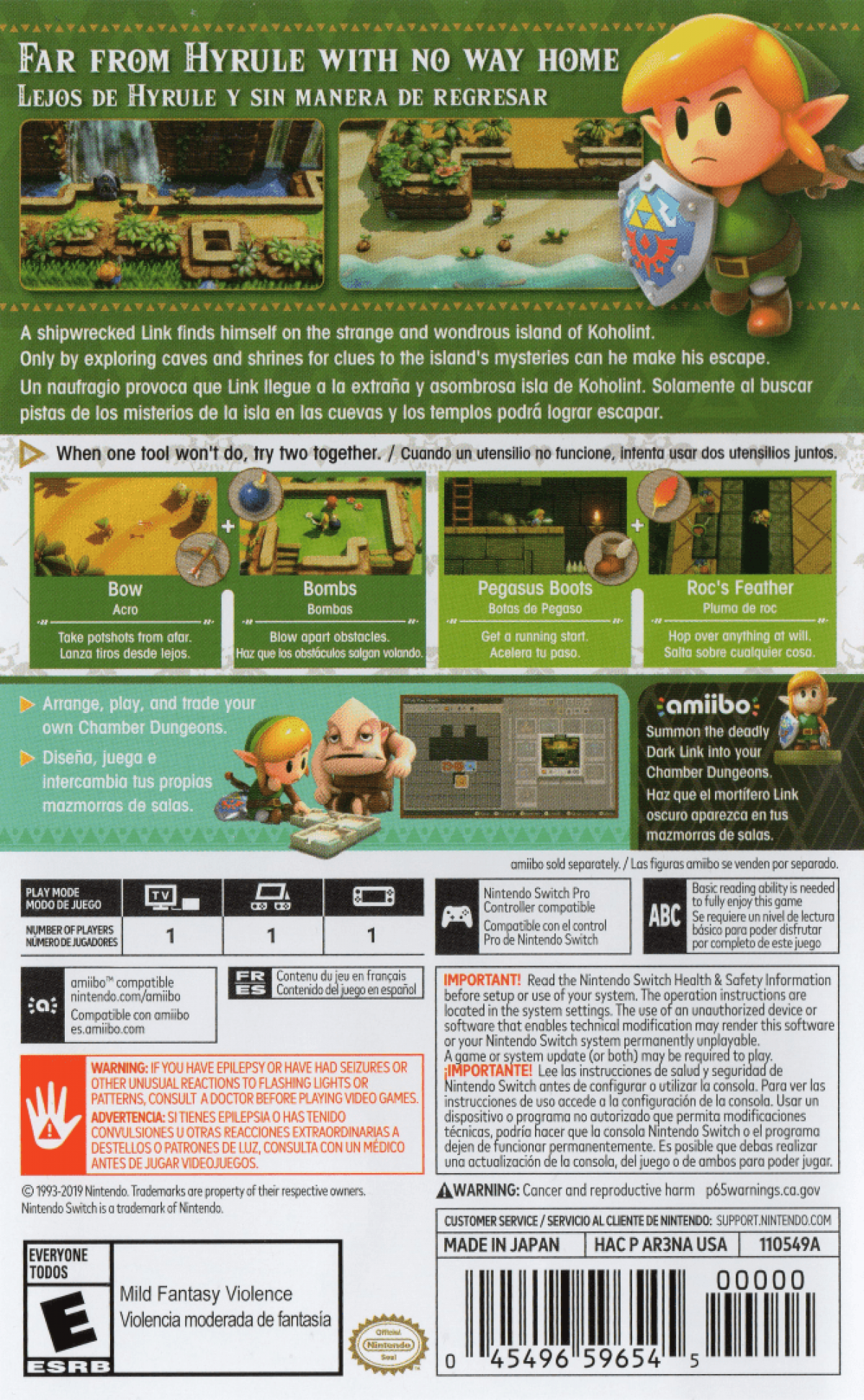 The Legend of Zelda Links Awakening back of box for Nintendo Switch NS video game