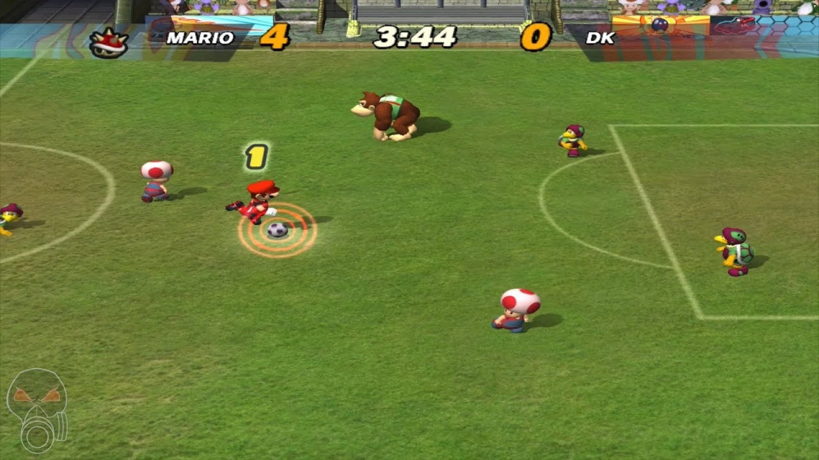 Super Mario Strikers gameplay for GameCube game featuring fast-paced arcade soccer gameplay with classic Nintendo characters