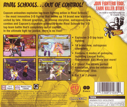 Retro Rival Schools PS1 cover art inspired design featuring classic PlayStation fighting game aesthetic vintage anime combat characters arcade style action gaming fan apparel nostalgic 90s Capcom fighter merch back cover art