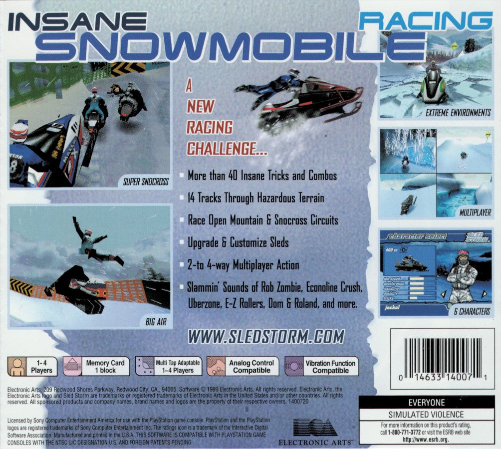 Sled Storm retro snowmobile racing sports game for PlayStation 1 (PS1) back of case