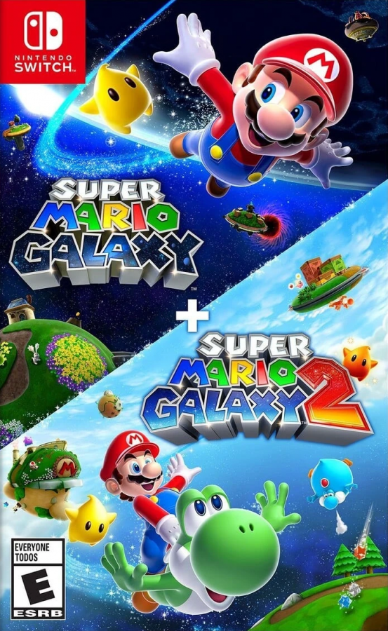 Super Mario Galaxy + Super Mario Galaxy 2 Nintendo Switch NS 3D platformer video game collection featuring Mario space exploration gravity-defying worlds colorful galaxies creative platforming power-ups challenging obstacles cosmic enemies star collecting and classic Nintendo Switch NS gameplay collectible gaming appeal front cover art