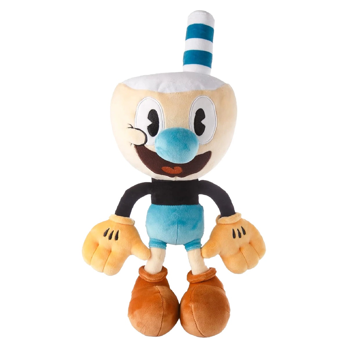 Mugman 15 Inch Plush Cuphead collectible plush toy featuring Mugman character iconic cup shaped head blue nose straw and cartoon gloves classic vintage animation design soft stuffed figure 15 inch display size Cuphead video game merchandise plush toy collection shelf decor gaming fan gift and collectible appeal
