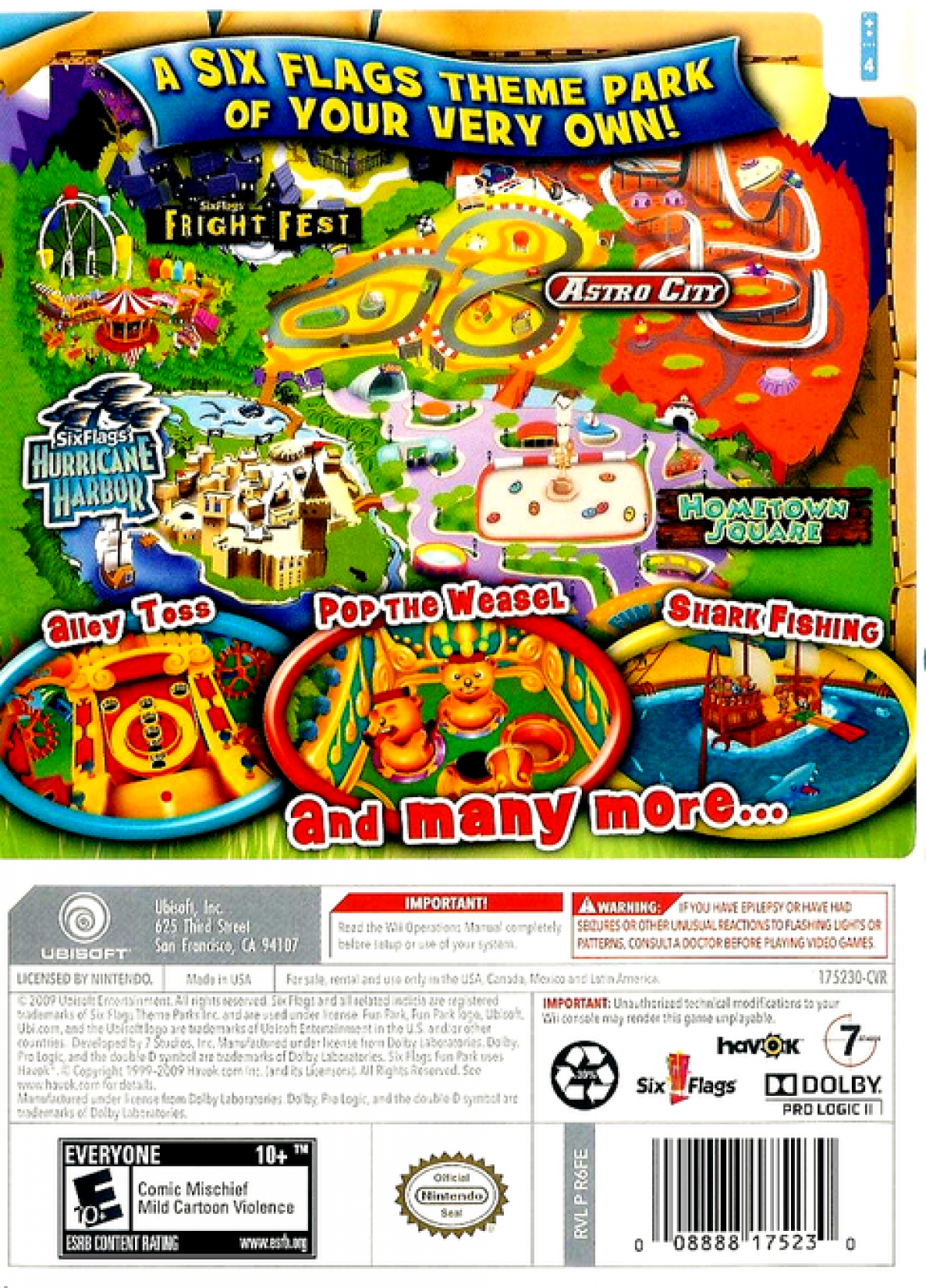 Six Flags Fun Park retro Nintendo Wii video game featuring amusement park mini games, family friendly multiplayer gameplay, carnival challenges and classic Wii entertainment - back of case