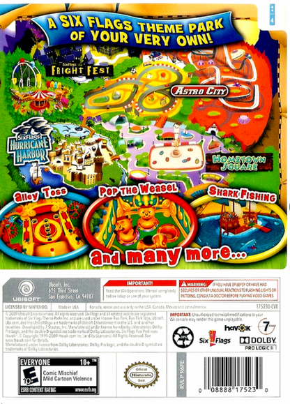 Six Flags Fun Park retro Nintendo Wii video game featuring amusement park mini games, family friendly multiplayer gameplay, carnival challenges and classic Wii entertainment - back of case