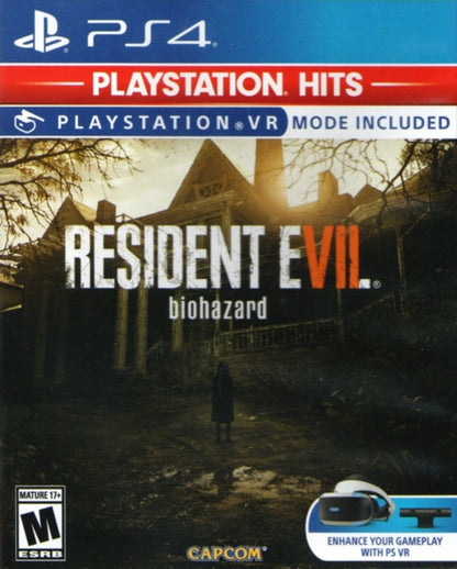 Resident Evil 7 Biohazard PlayStation Hits edition for the PlayStation 4 featuring first person survival horror gameplay with atmospheric exploration puzzle solving intense combat and a story driven experience set in the Baker family estate cover art
