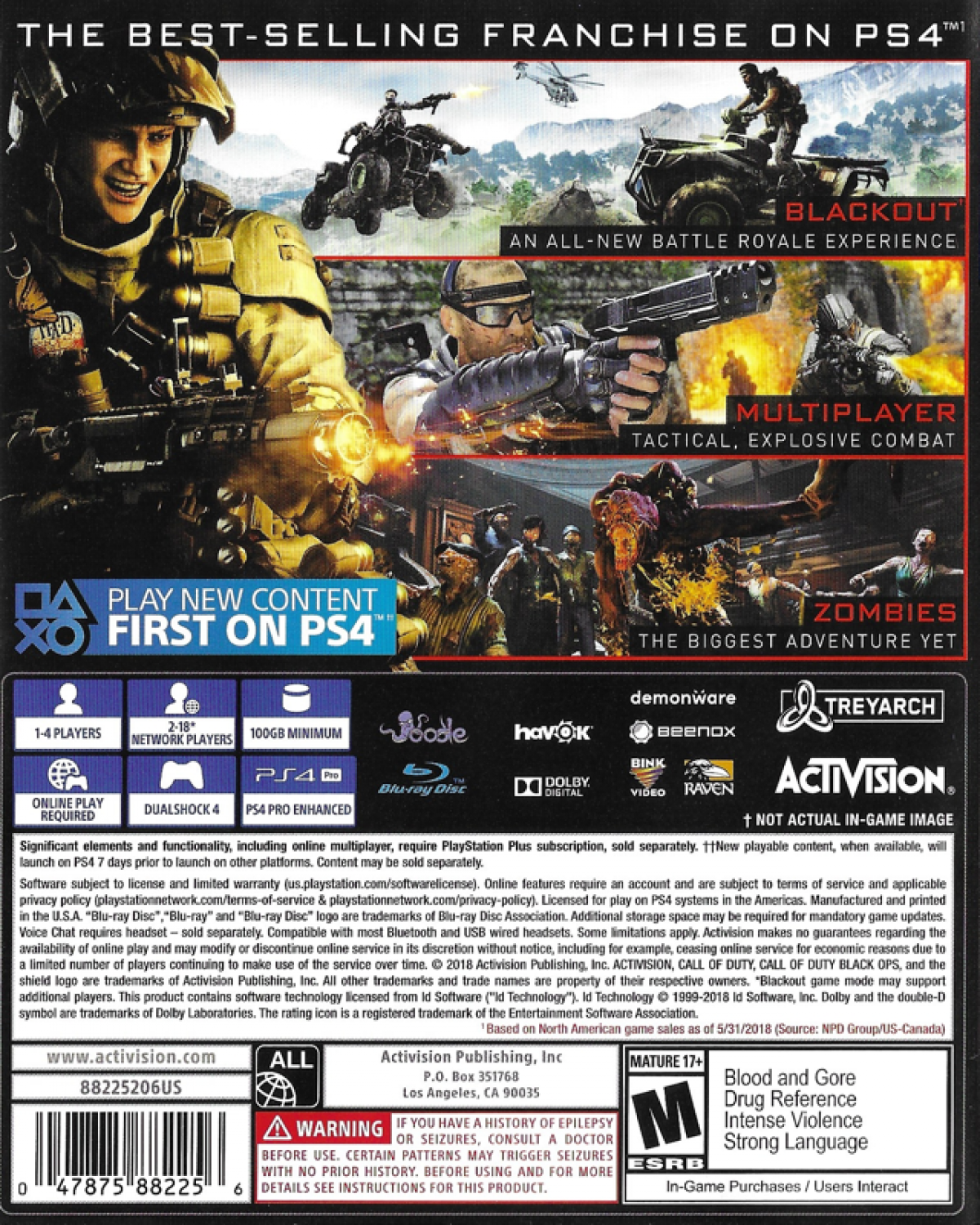 Call of Duty: Black Ops 4 back of case for PlayStation 4 (PS4) first-person shooter video game