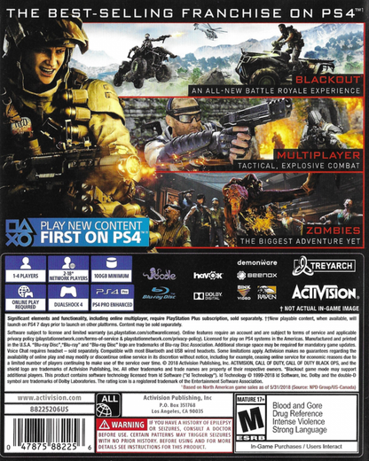 Call of Duty: Black Ops 4 back of case for PlayStation 4 (PS4) first-person shooter video game
