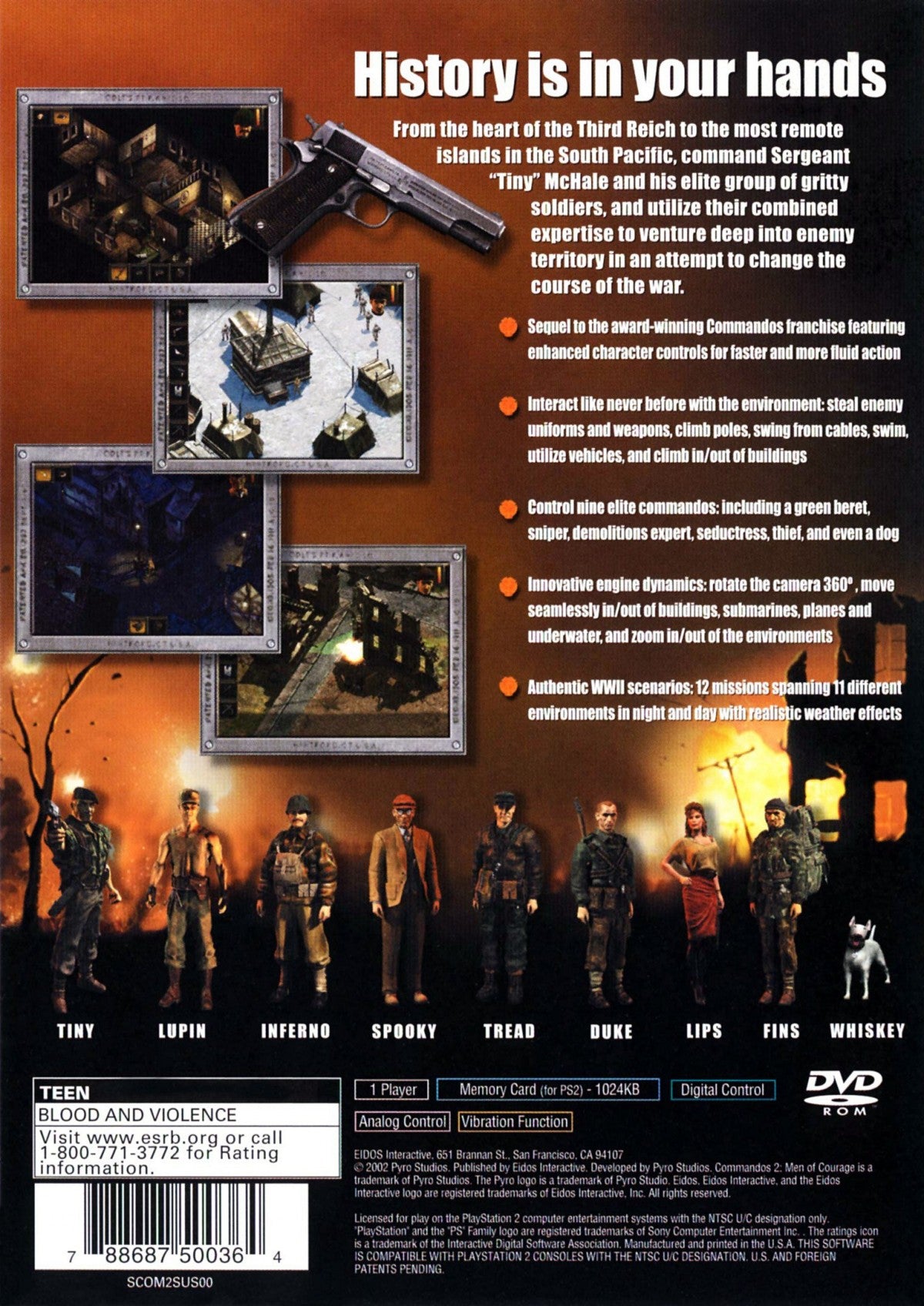 Commandos 2 Men of Courage PlayStation 2 PS2 for real time strategy video game fans featuring tactical World War II missions stealth gameplay elite commando squad strategic planning challenging objectives multiple character abilities immersive military action collectible gaming appeal back cover art