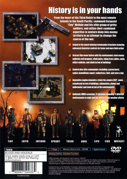 Commandos 2 Men of Courage PlayStation 2 PS2 for real time strategy video game fans featuring tactical World War II missions stealth gameplay elite commando squad strategic planning challenging objectives multiple character abilities immersive military action collectible gaming appeal back cover art