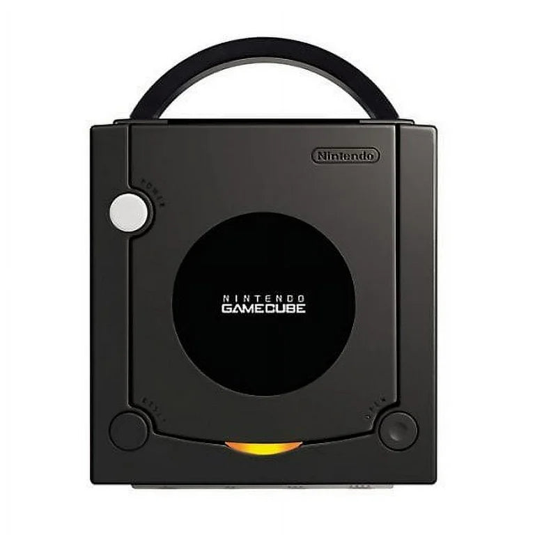 Top-down view of a black Nintendo GameCube showing its disc lid and logo.