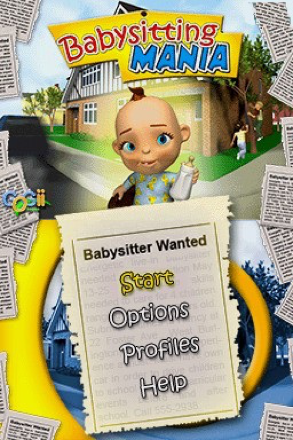 Babysitting Mania Nintendo DS DS video game featuring family simulation gameplay babysitting challenges childcare responsibilities multiple children character interactions feeding babies changing diapers preparing meals playtime activities cleaning tasks household management time management mini games and colorful family friendly environments classic Nintendo DS handheld simulation gaming retro video game collection collectible gaming appeal gameplay