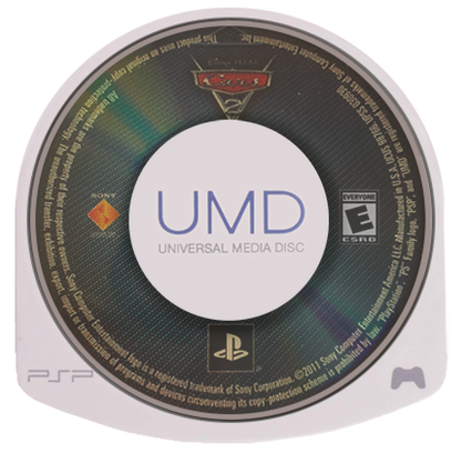 Cars 2 UMD for the PlayStation Portable featuring racing gameplay based on the Disney Pixar film with spy themed missions character abilities power ups and multiplayer modes as players control Lightning McQueen Mater and other characters across global tracks disc
