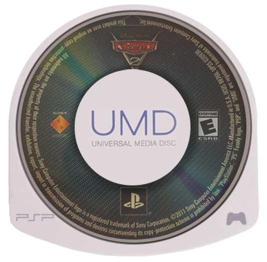 Cars 2 UMD for the PlayStation Portable featuring racing gameplay based on the Disney Pixar film with spy themed missions character abilities power ups and multiplayer modes as players control Lightning McQueen Mater and other characters across global tracks disc