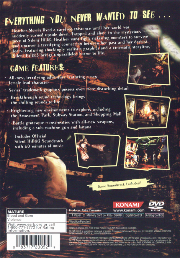 Silent Hill 3 – PlayStation 2 (PS2) video game back of case, survival horror game.