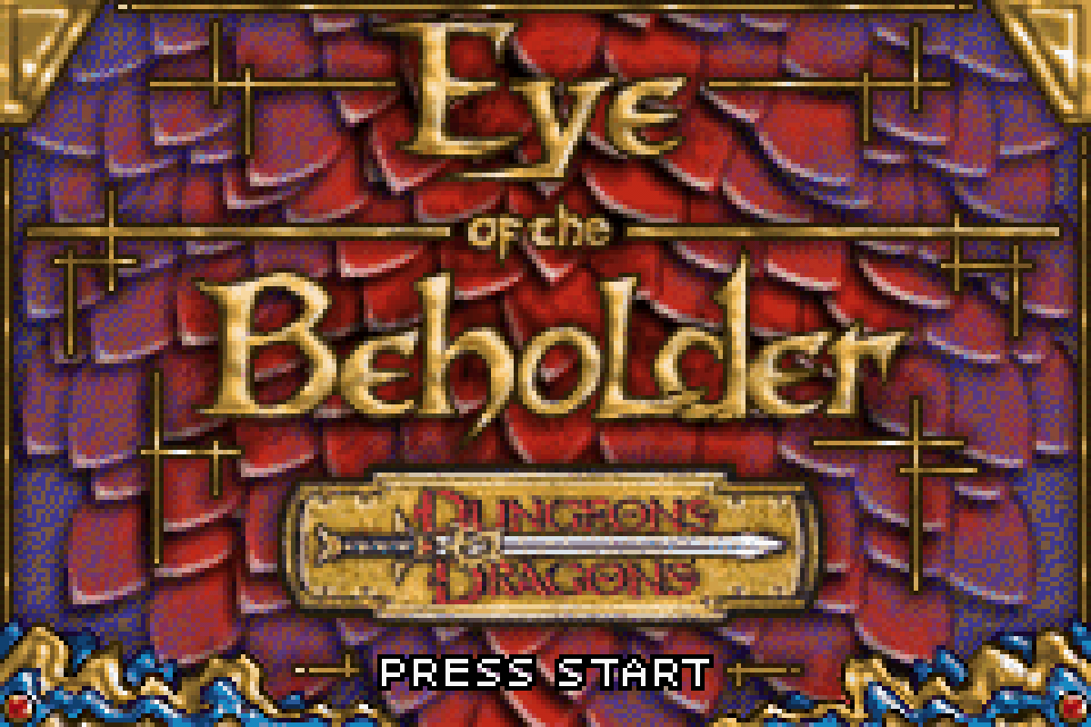 Dungeons & Dragons Eye of the Beholder for Game Boy Advance, title screen for a role-playing video game with dungeon crawling gameplay, turn-based combat, party management, and fantasy adventure