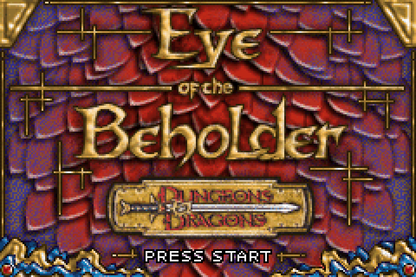 Dungeons & Dragons Eye of the Beholder for Game Boy Advance, title screen for a role-playing video game with dungeon crawling gameplay, turn-based combat, party management, and fantasy adventure