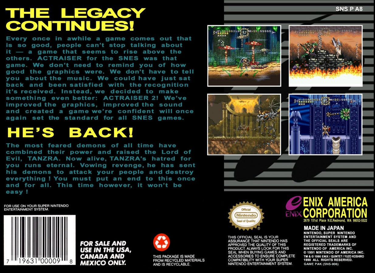Act Raiser 2 cartridge for Super Nintendo Entertainment System SNES retro video game back cover