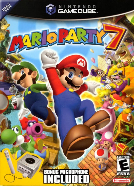 Mario Party 7 microphone bundle for the Nintendo GameCube featuring party style mini games voice controlled gameplay modes and multiplayer fun with Mario and friends across colorful themed boards cover art