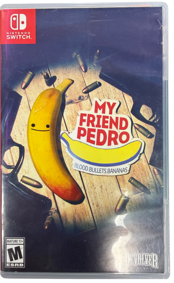 My Friend Pedro Nintendo Switch inspired design featuring stylish action shooter aesthetic acrobatic gunplay slow motion combat outrageous stunt moves surreal storytelling fast paced firefights cinematic side scrolling gameplay presentation cover art