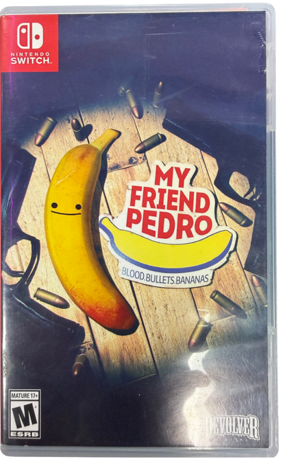 My Friend Pedro Nintendo Switch inspired design featuring stylish action shooter aesthetic acrobatic gunplay slow motion combat outrageous stunt moves surreal storytelling fast paced firefights cinematic side scrolling gameplay presentation cover art