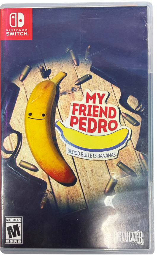 My Friend Pedro Nintendo Switch inspired design featuring stylish action shooter aesthetic acrobatic gunplay slow motion combat outrageous stunt moves surreal storytelling fast paced firefights cinematic side scrolling gameplay presentation cover art