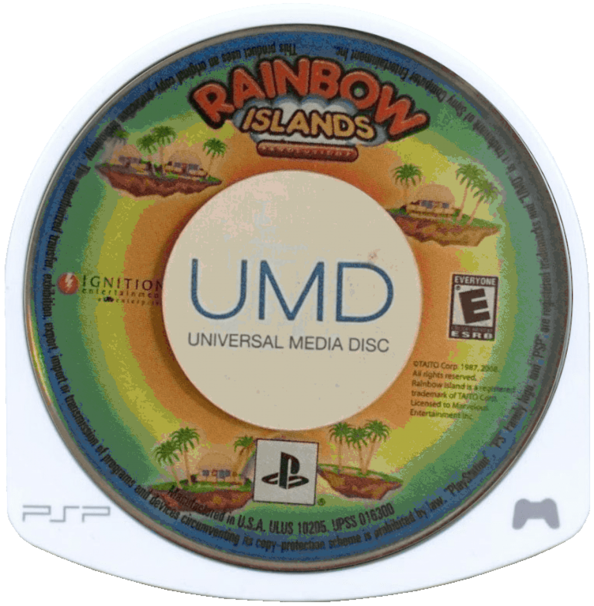 Rainbow Islands Evolution PSP inspired design featuring colorful fantasy platform adventure aesthetic classic arcade inspired gameplay magical rainbow powers whimsical worlds charming characters vibrant retro action handheld gaming presentation UMD  