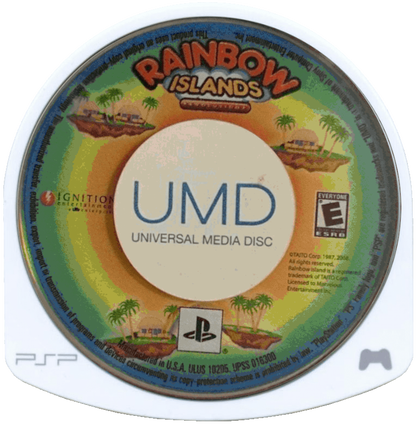 Rainbow Islands Evolution PSP inspired design featuring colorful fantasy platform adventure aesthetic classic arcade inspired gameplay magical rainbow powers whimsical worlds charming characters vibrant retro action handheld gaming presentation UMD  