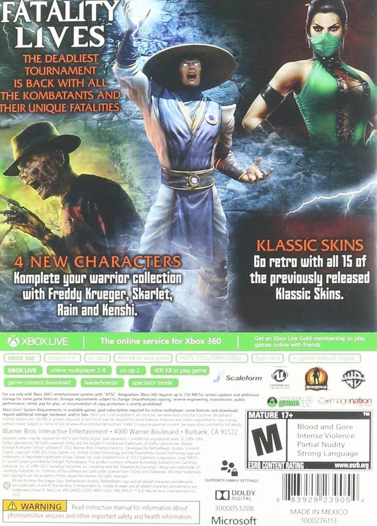 Mortal Kombat Komplete Edition Platinum Hits for Xbox 360 with full roster and expanded fighting content back cover
